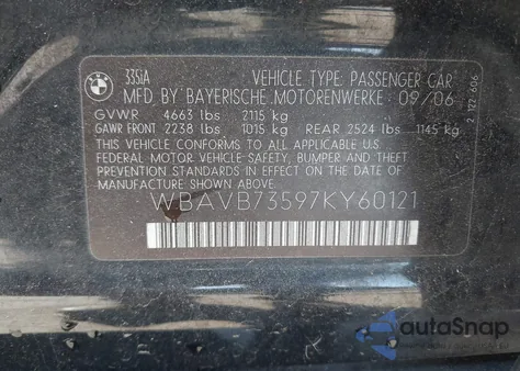 2007 BMW 335I from USA, damaged, VIN WBAVB73597KY60121